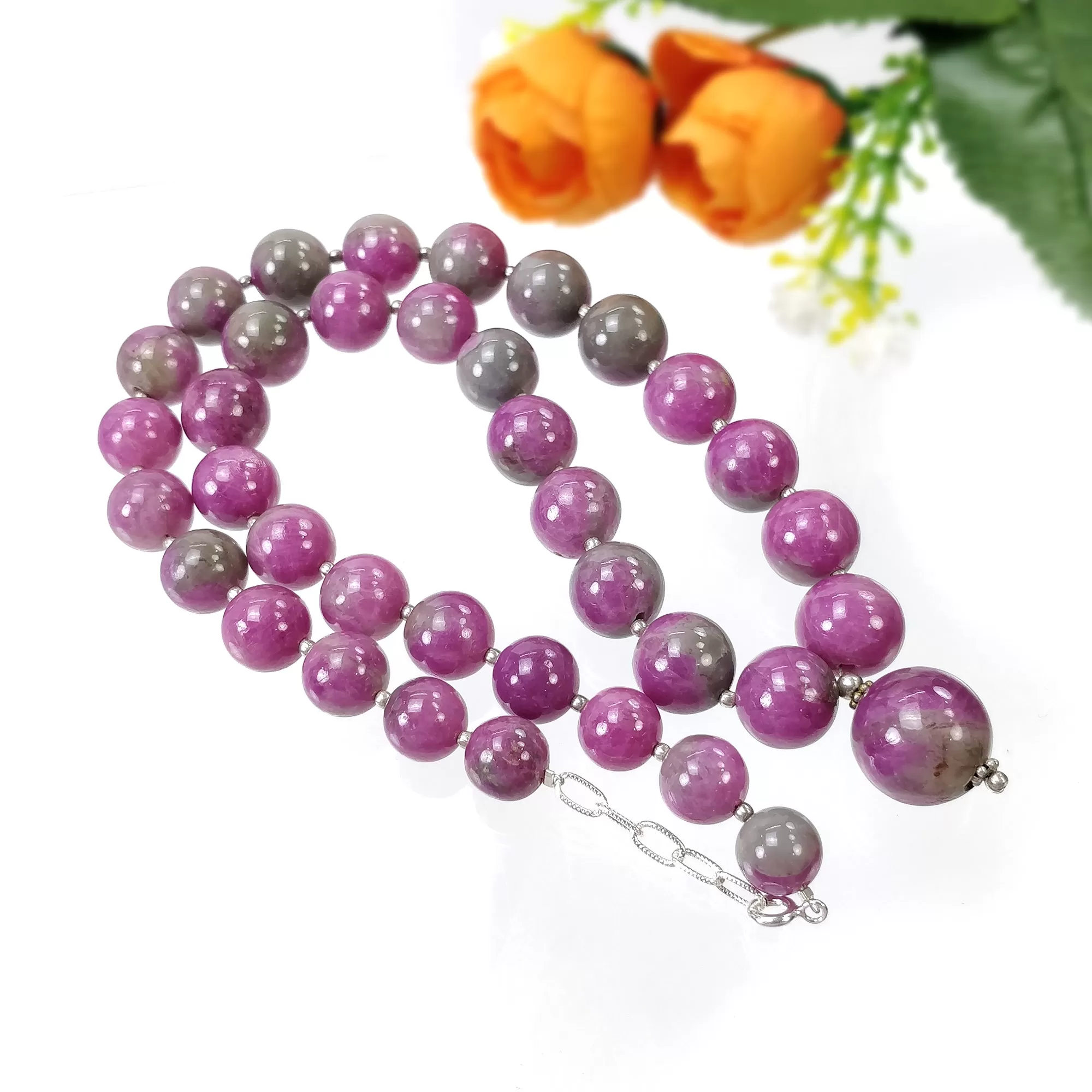 Global RUBY Gemstone NECKLACE: 116.73gms Natural Untreated Bi-Color Zoisite Ruby Balls 925 Sterling Silver 10mm - 16.5mm 20"