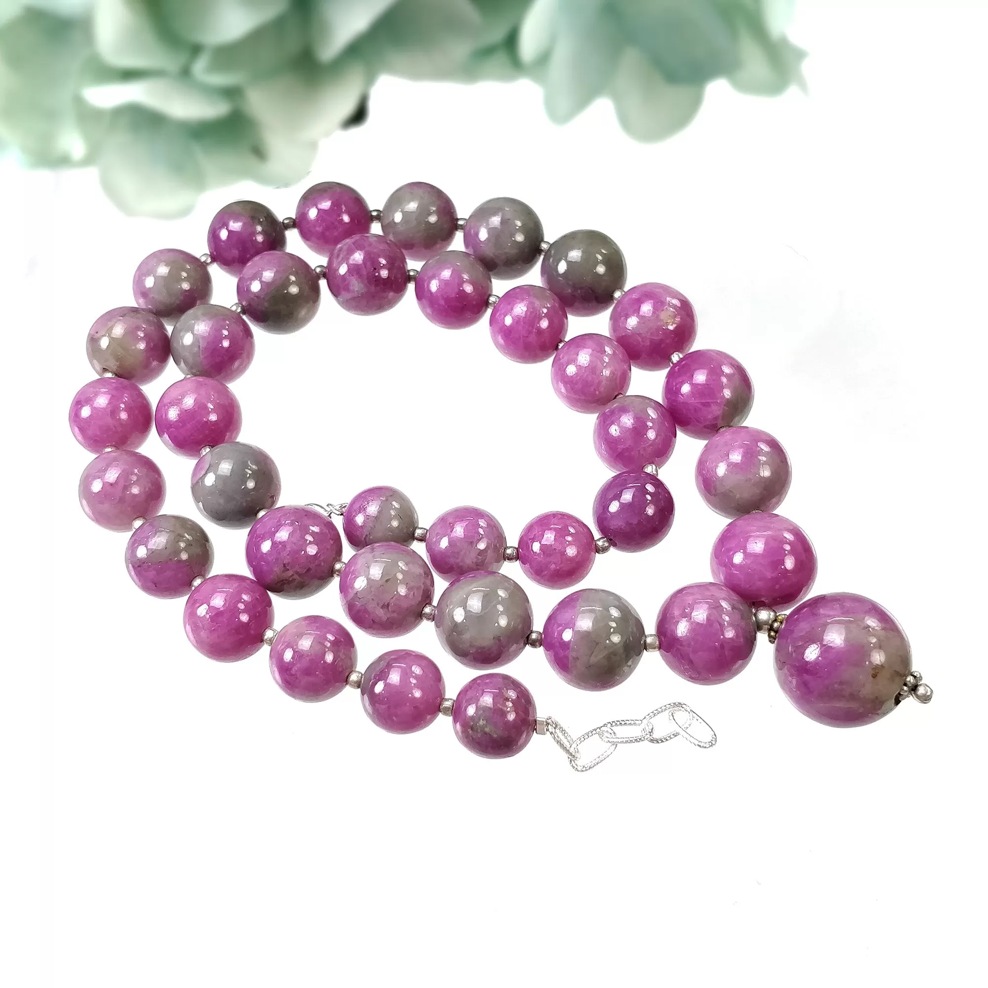 Global RUBY Gemstone NECKLACE: 116.73gms Natural Untreated Bi-Color Zoisite Ruby Balls 925 Sterling Silver 10mm - 16.5mm 20"