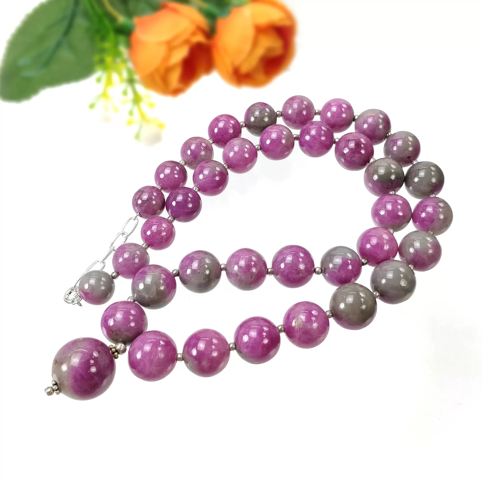 Global RUBY Gemstone NECKLACE: 116.73gms Natural Untreated Bi-Color Zoisite Ruby Balls 925 Sterling Silver 10mm - 16.5mm 20"