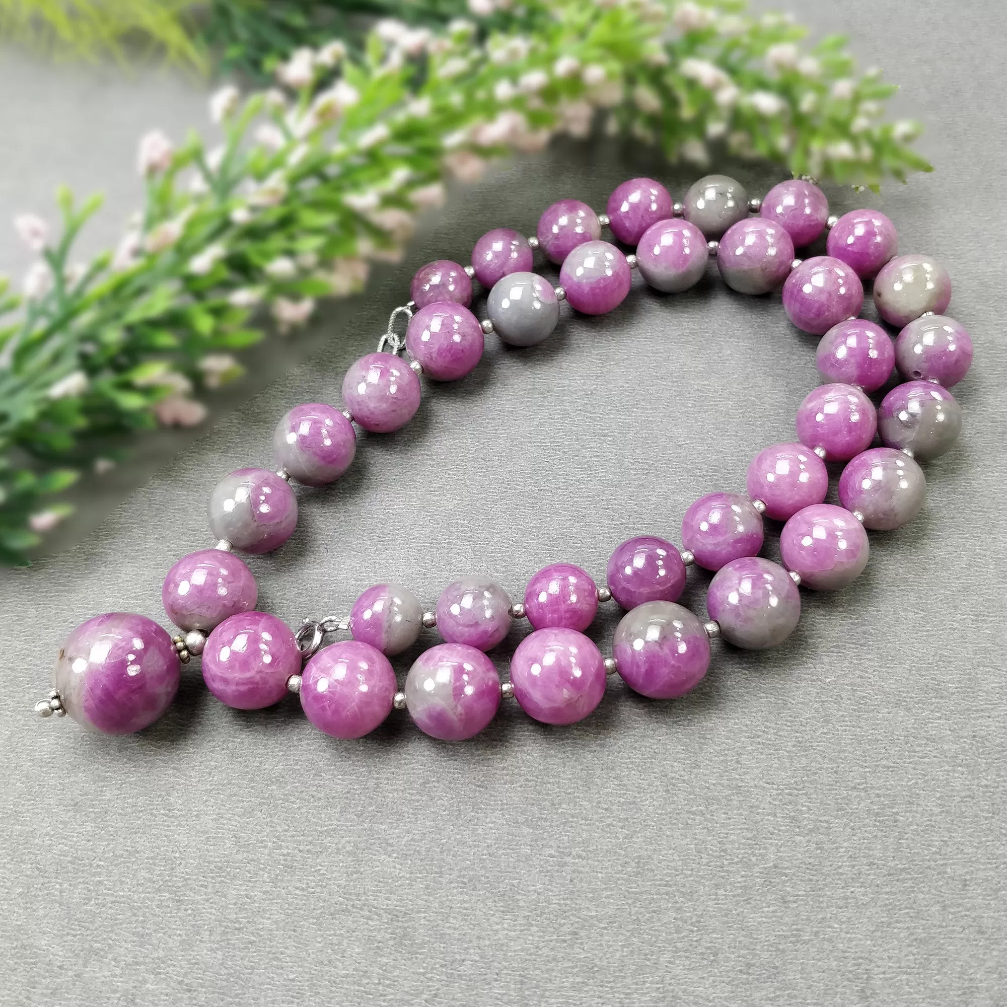 Global RUBY Gemstone NECKLACE: 116.73gms Natural Untreated Bi-Color Zoisite Ruby Balls 925 Sterling Silver 10mm - 16.5mm 20"