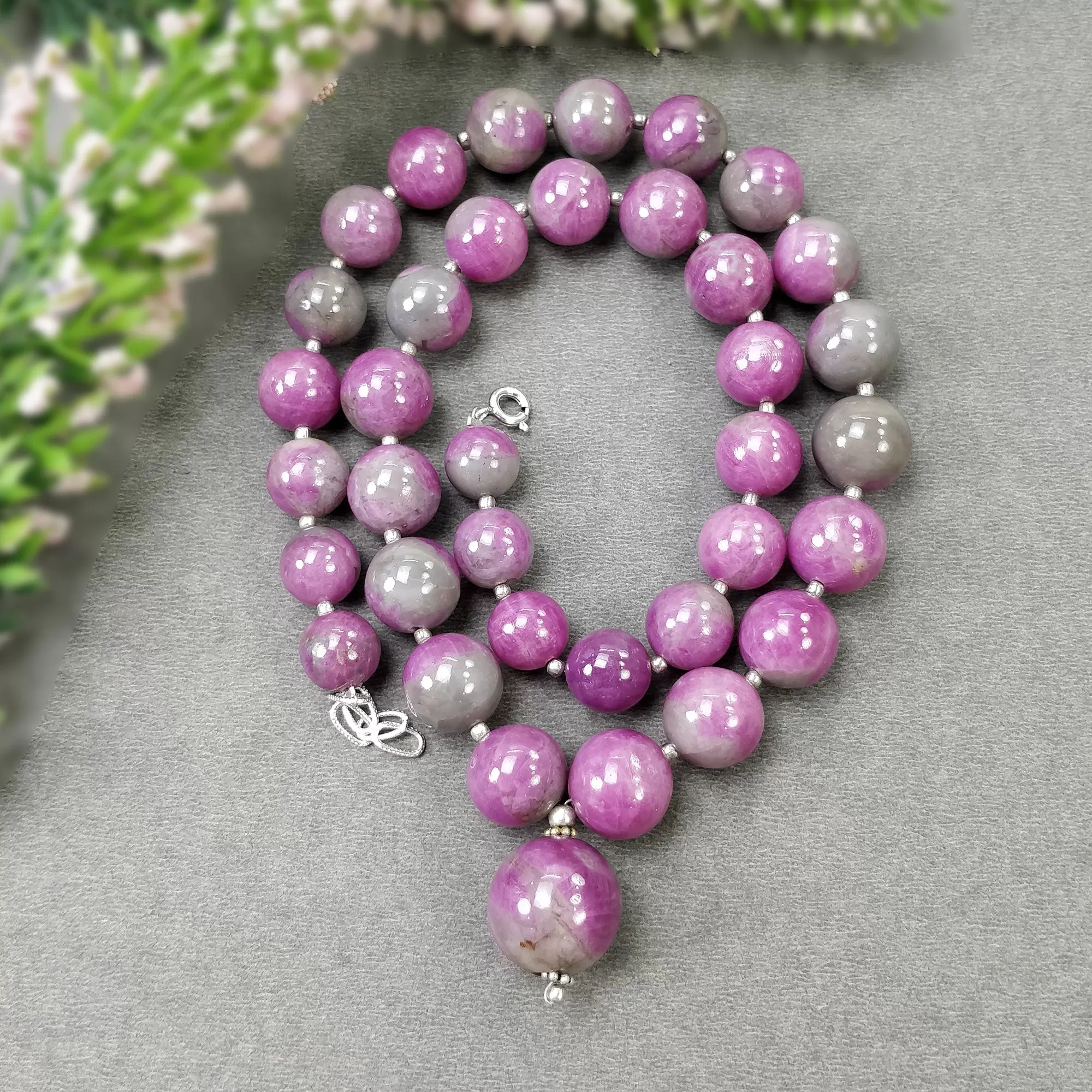 Global RUBY Gemstone NECKLACE: 116.73gms Natural Untreated Bi-Color Zoisite Ruby Balls 925 Sterling Silver 10mm - 16.5mm 20"