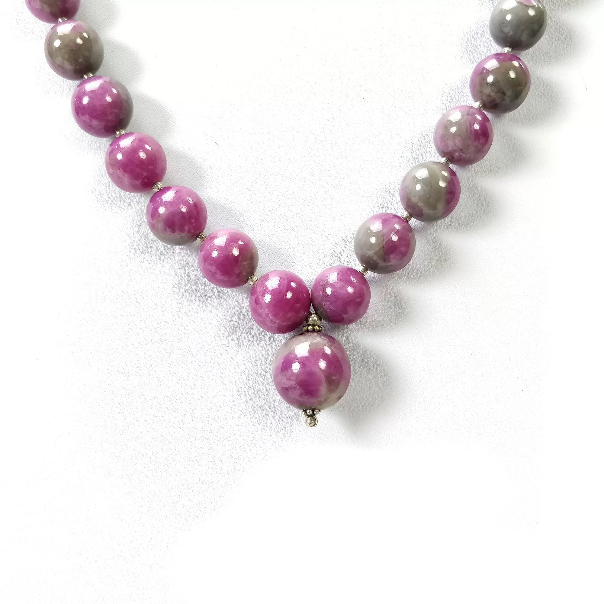 Global RUBY Gemstone NECKLACE: 116.73gms Natural Untreated Bi-Color Zoisite Ruby Balls 925 Sterling Silver 10mm - 16.5mm 20"