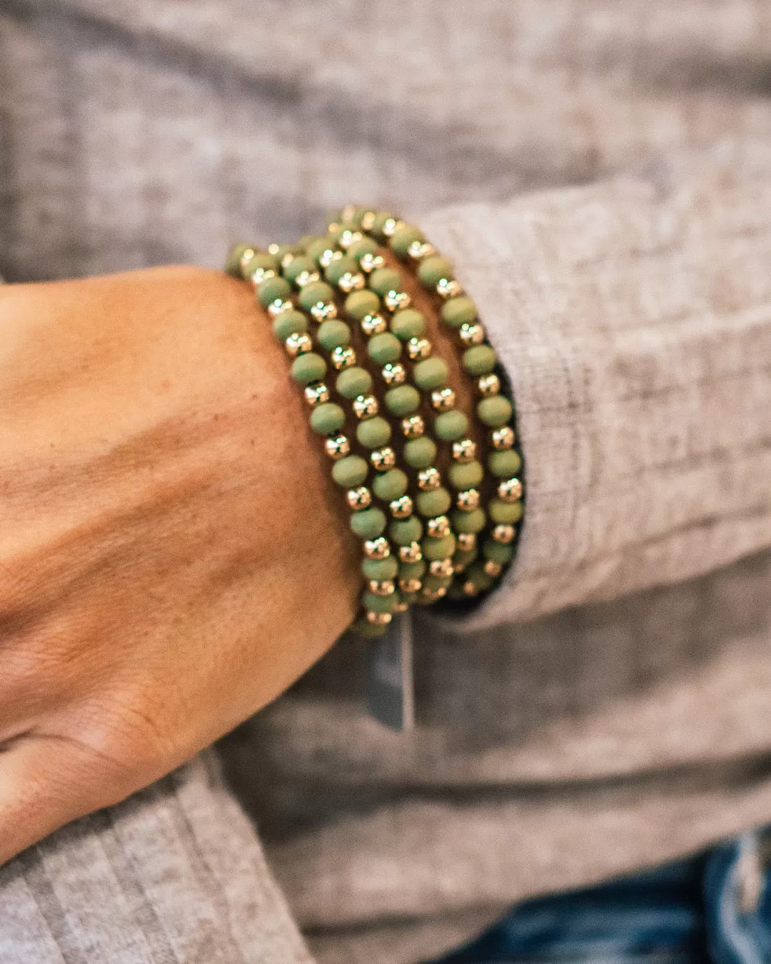 Gold and Dark Mint Wooden Beaded Bracelets