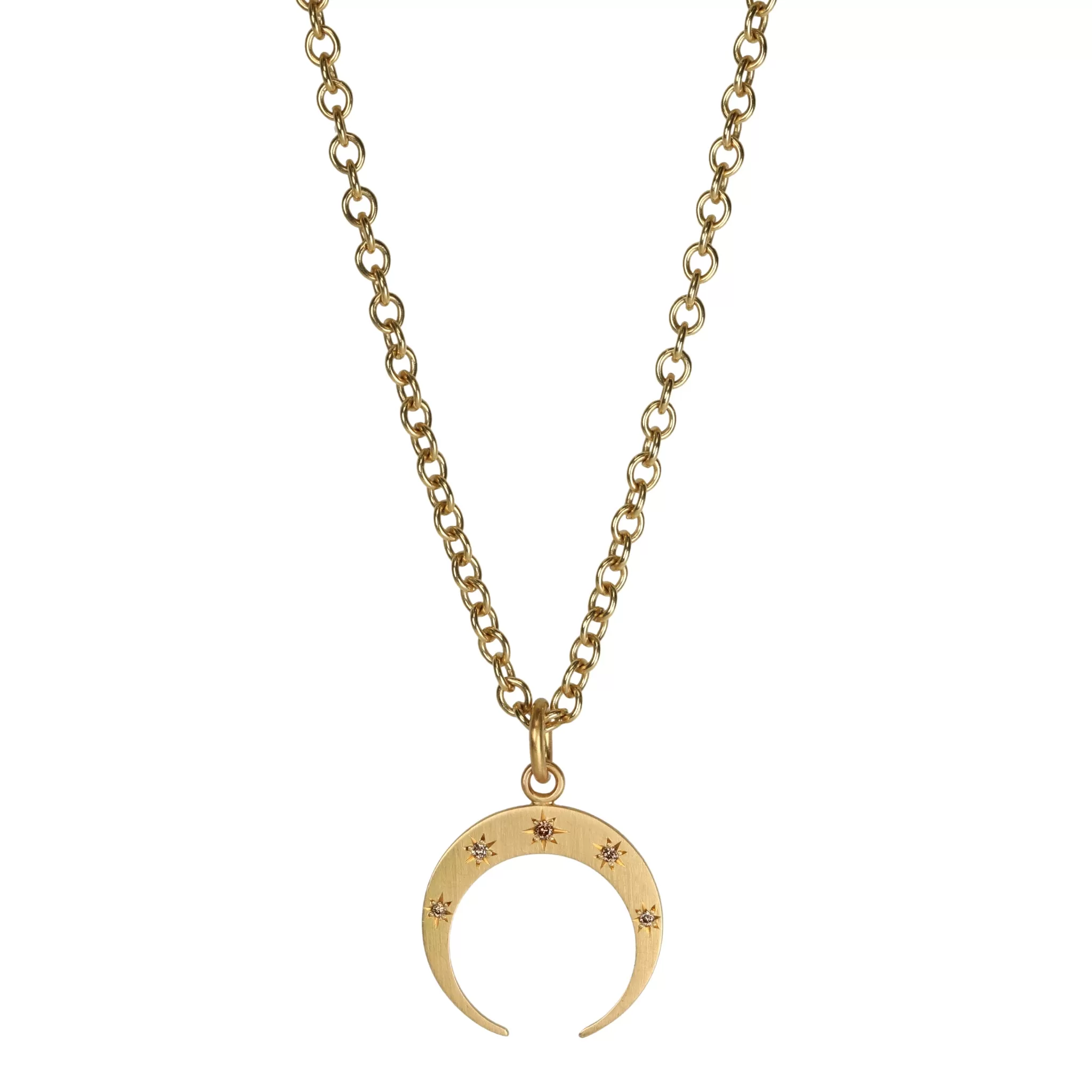 Gold Crescent Moon Pendant with Five Star-Set Cognac Diamonds