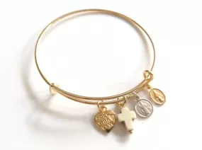 Gold Expandable Adjustable Bangle Bracelet St Benedict Virgin Mary Cross Pendant