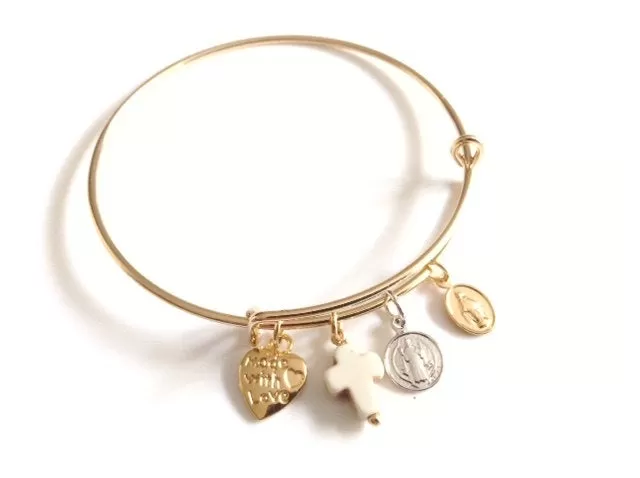 Gold Expandable Adjustable Bangle Bracelet St Benedict Virgin Mary Cross Pendant