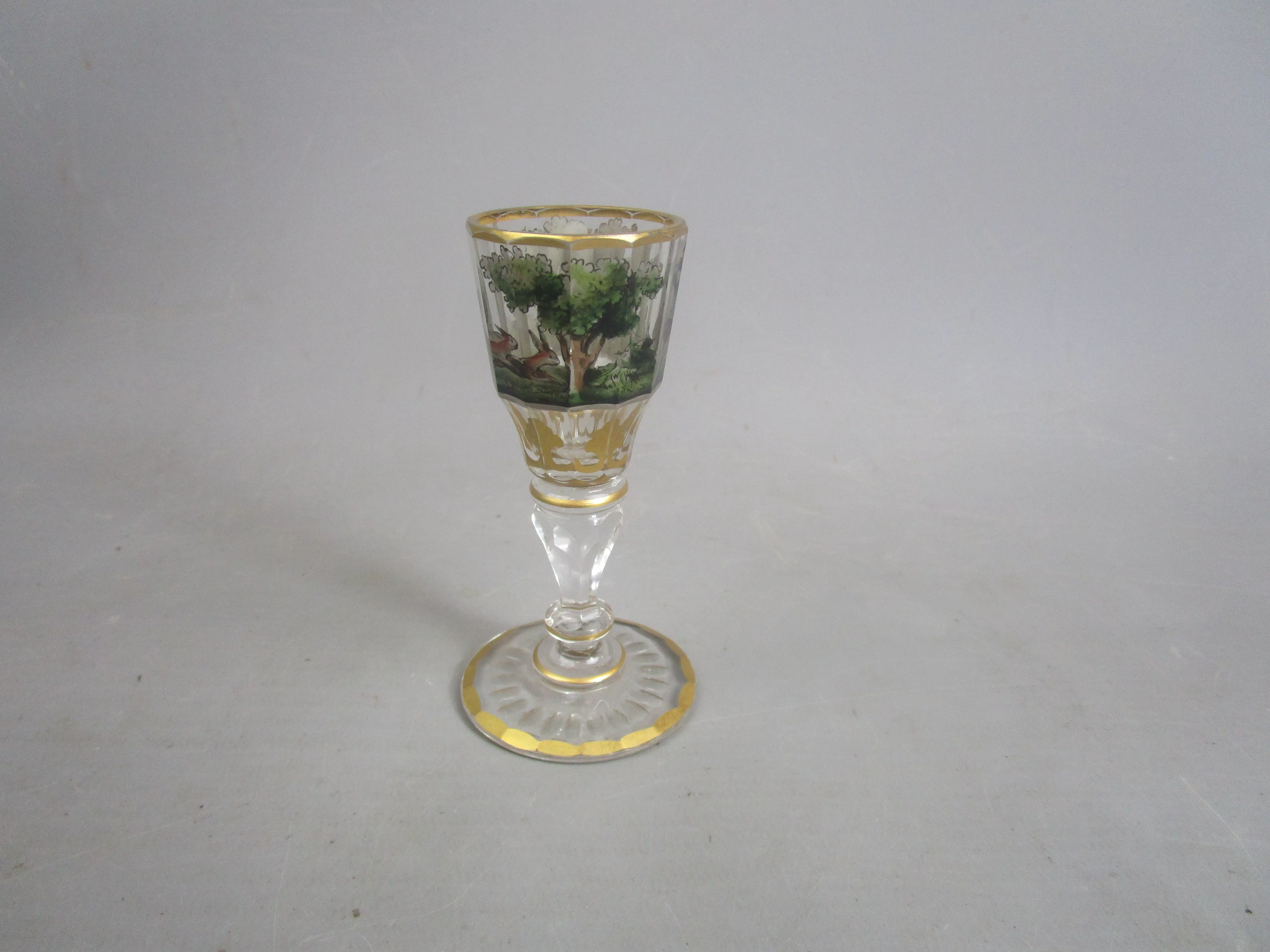 Hand Painted Bohemian Glass Hunting Scene Cordial Glass Antique Victorian c1850