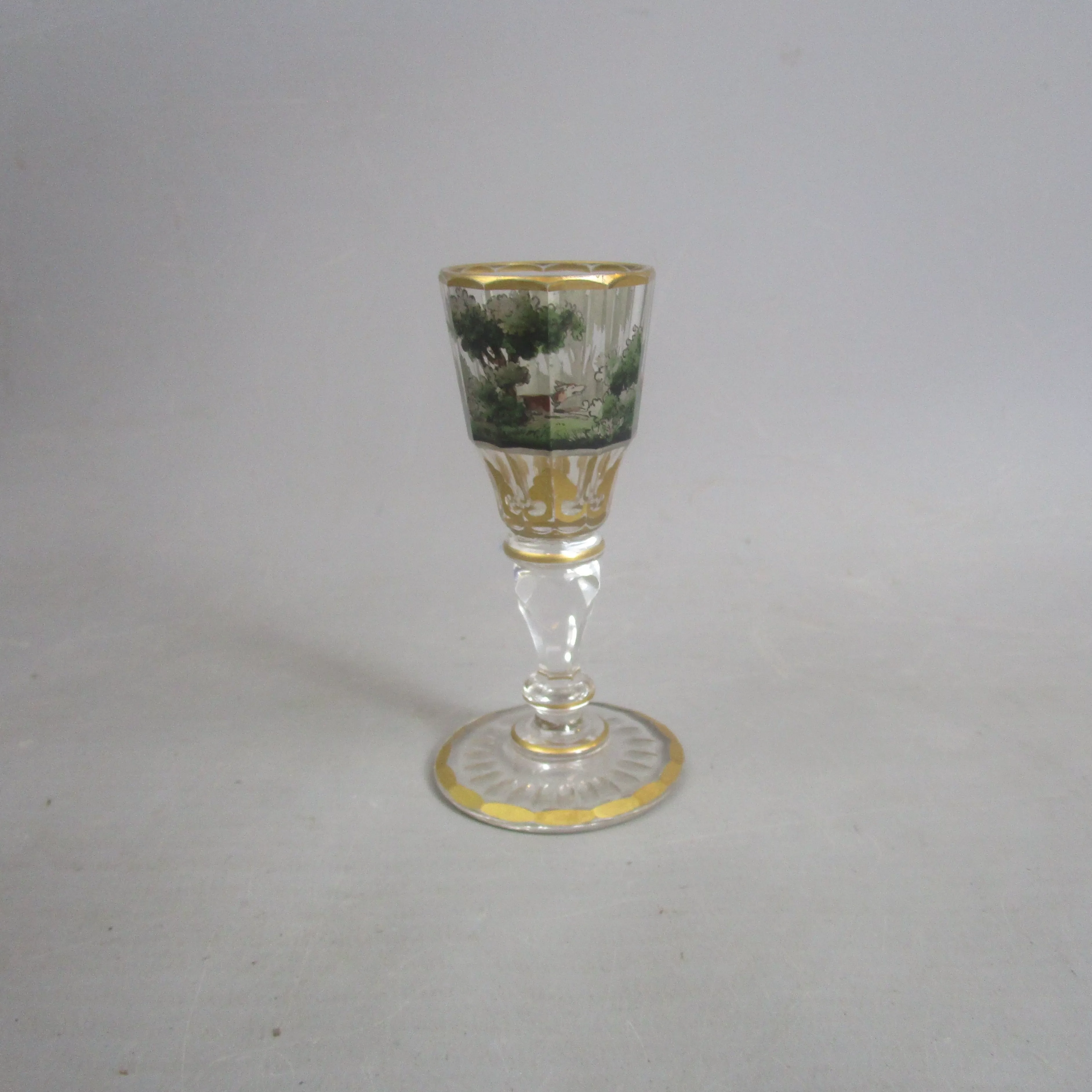 Hand Painted Bohemian Glass Hunting Scene Cordial Glass Antique Victorian c1850