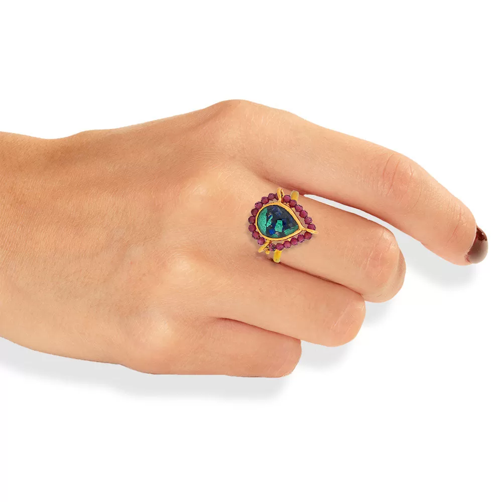 Handmade Gold Plated Silver Ring With Azurmalachite & Rhodolites