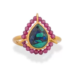 Handmade Gold Plated Silver Ring With Azurmalachite & Rhodolites