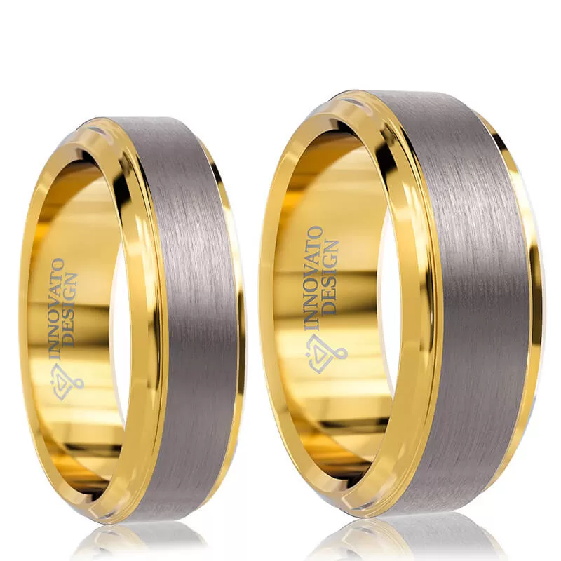 His & Her 6mm/8mm Matte Brushed Yellow Gold Plated Wedding Band Set