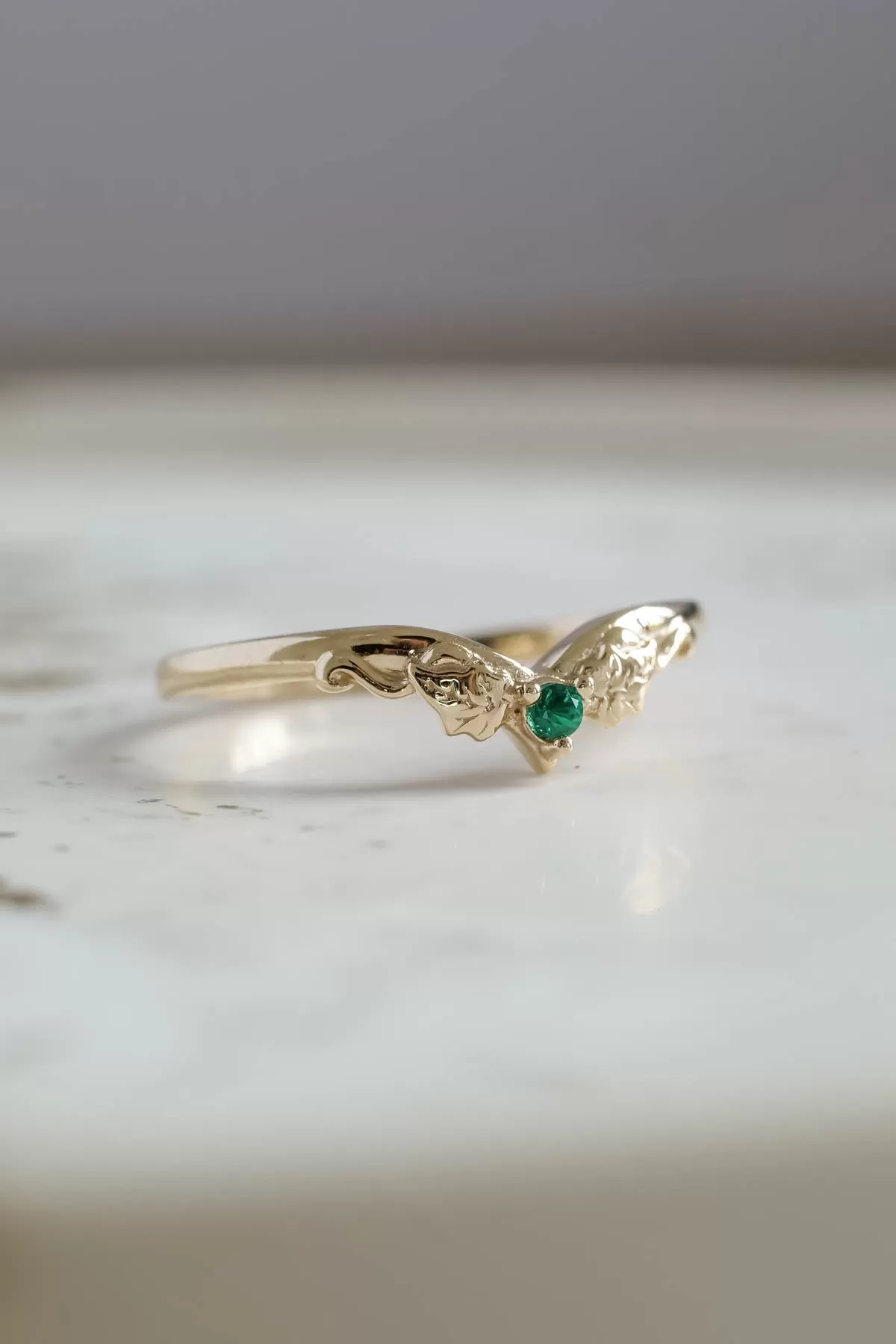 Ivy wedding band with lab emerald, matching ring for Ariadne