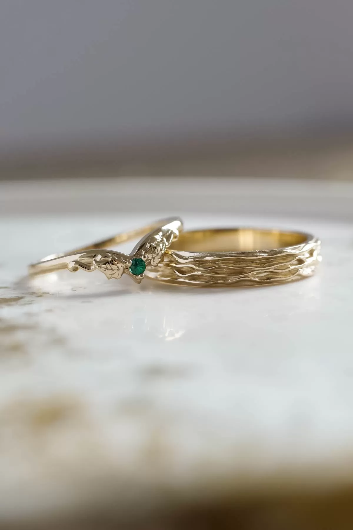 Ivy wedding band with lab emerald, matching ring for Ariadne