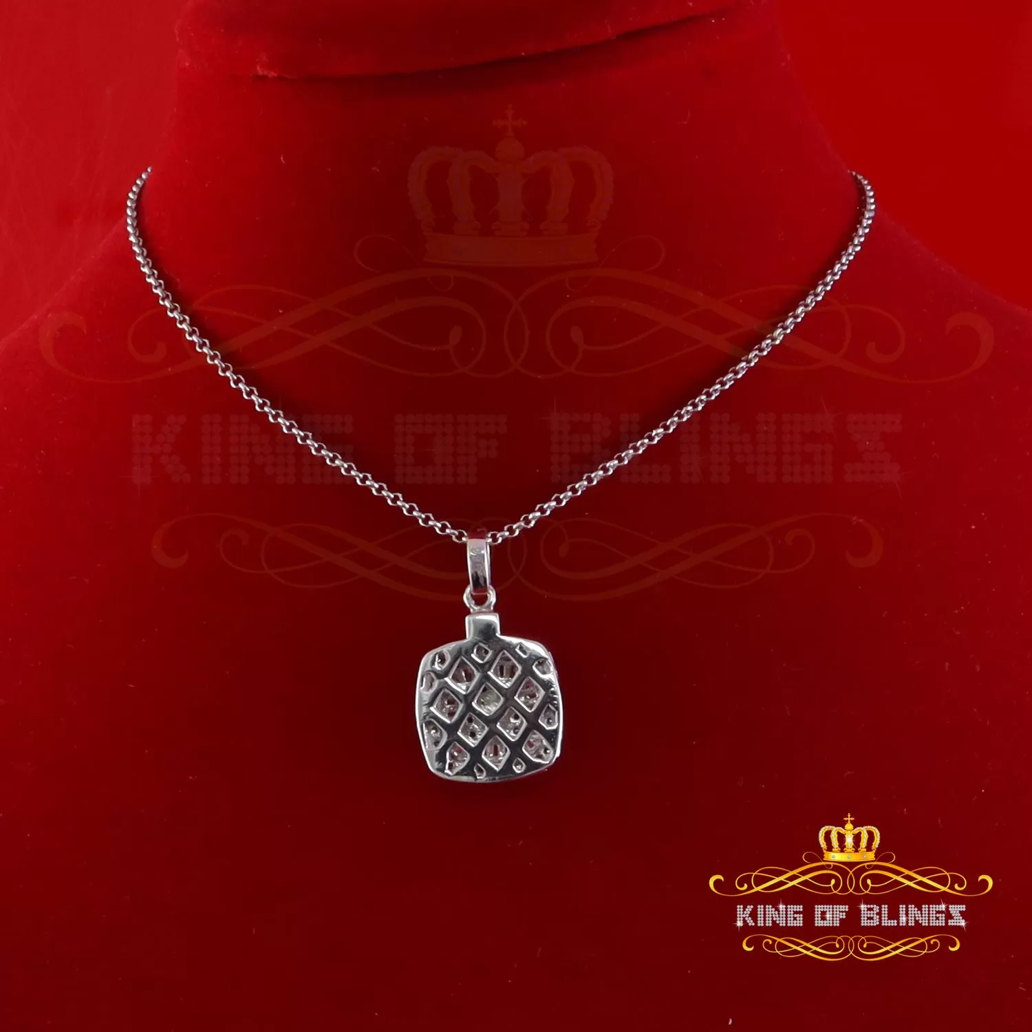 King Of Bling's 925 Sterling White Silver 1.50ct Moissanite Baguette & Round Pendant for Women.