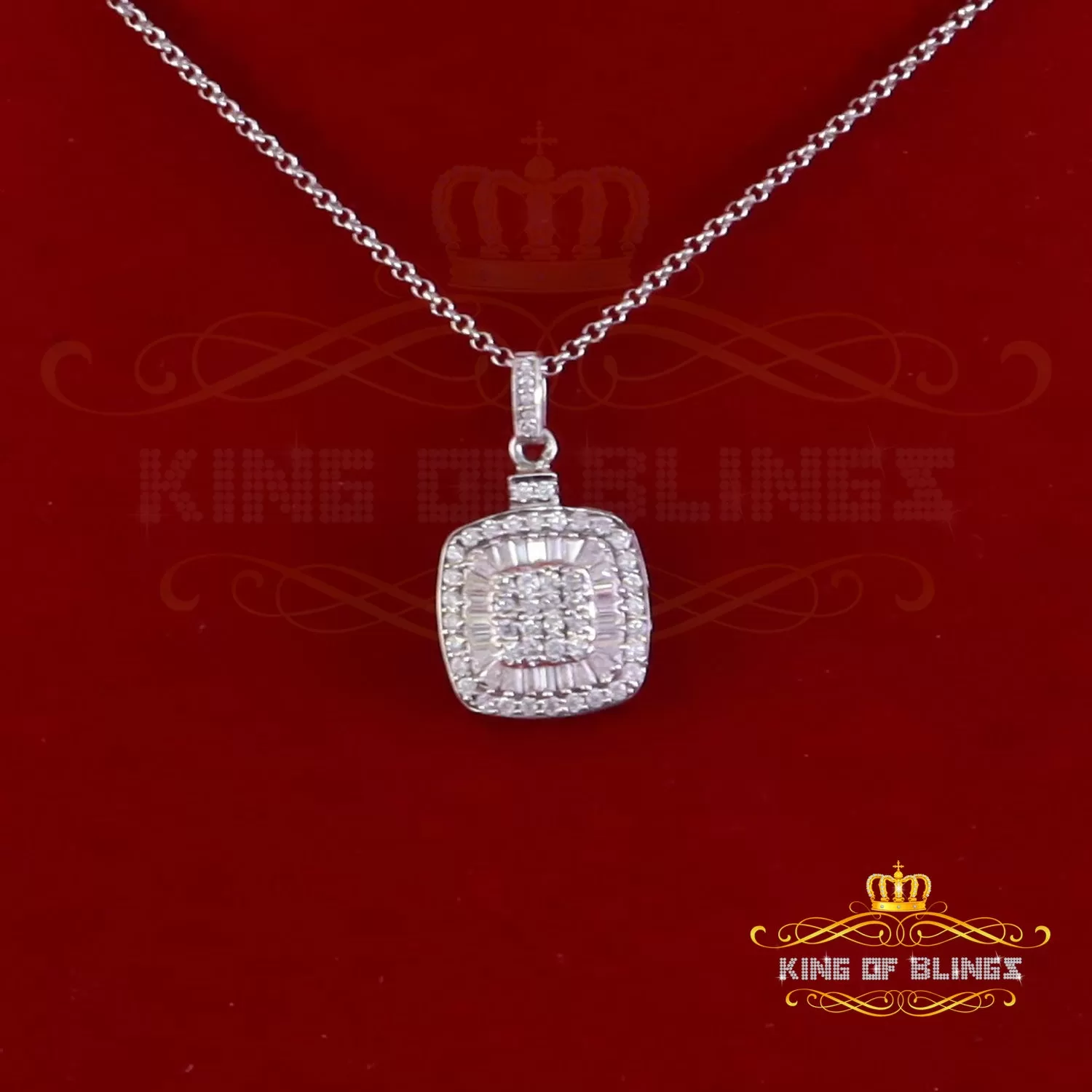 King Of Bling's 925 Sterling White Silver 1.50ct Moissanite Baguette & Round Pendant for Women.