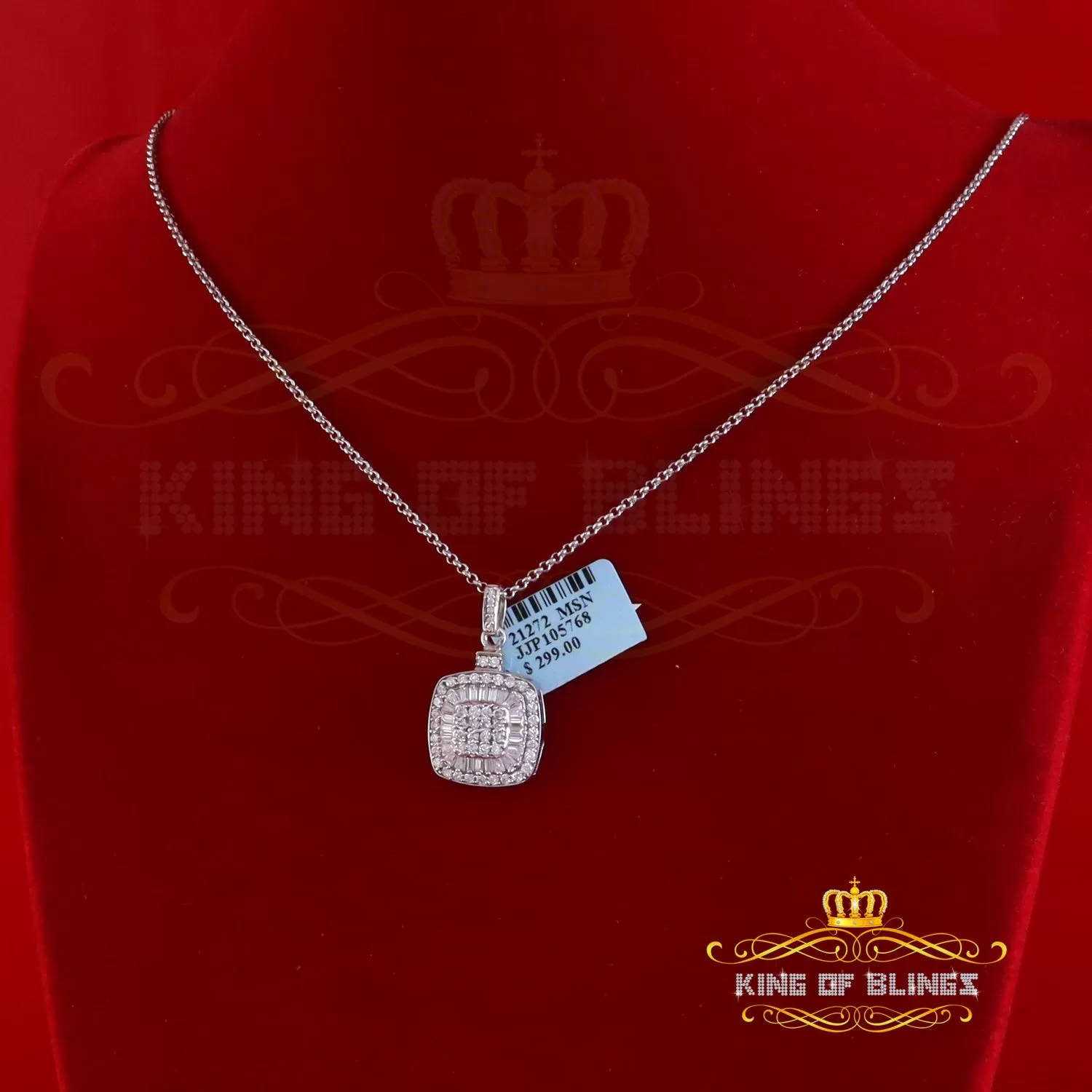 King Of Bling's 925 Sterling White Silver 1.50ct Moissanite Baguette & Round Pendant for Women.