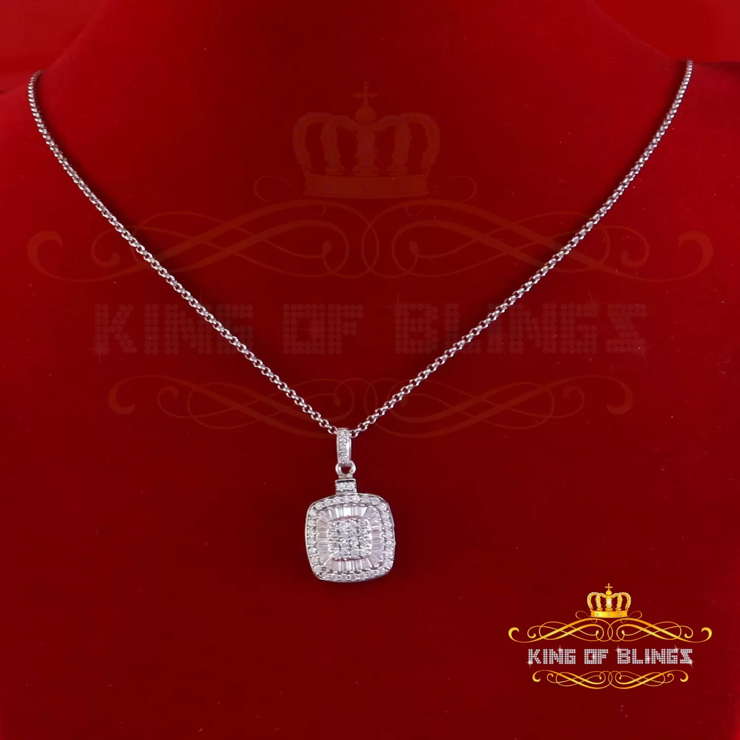 King Of Bling's 925 Sterling White Silver 1.50ct Moissanite Baguette & Round Pendant for Women.