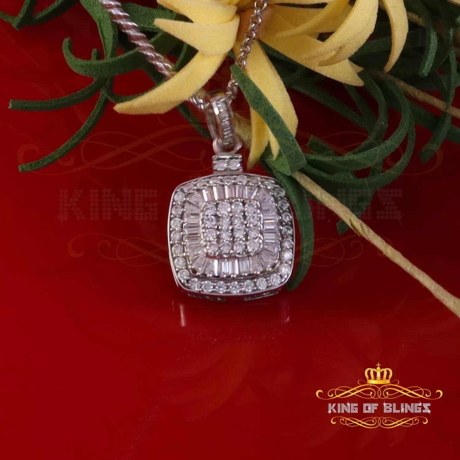 King Of Bling's 925 Sterling White Silver 1.50ct Moissanite Baguette & Round Pendant for Women.