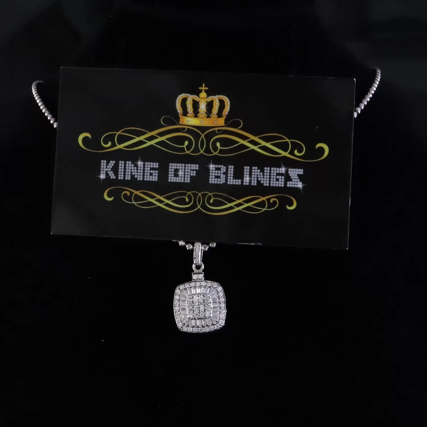 King Of Bling's 925 Sterling White Silver 1.50ct Moissanite Baguette & Round Pendant for Women.