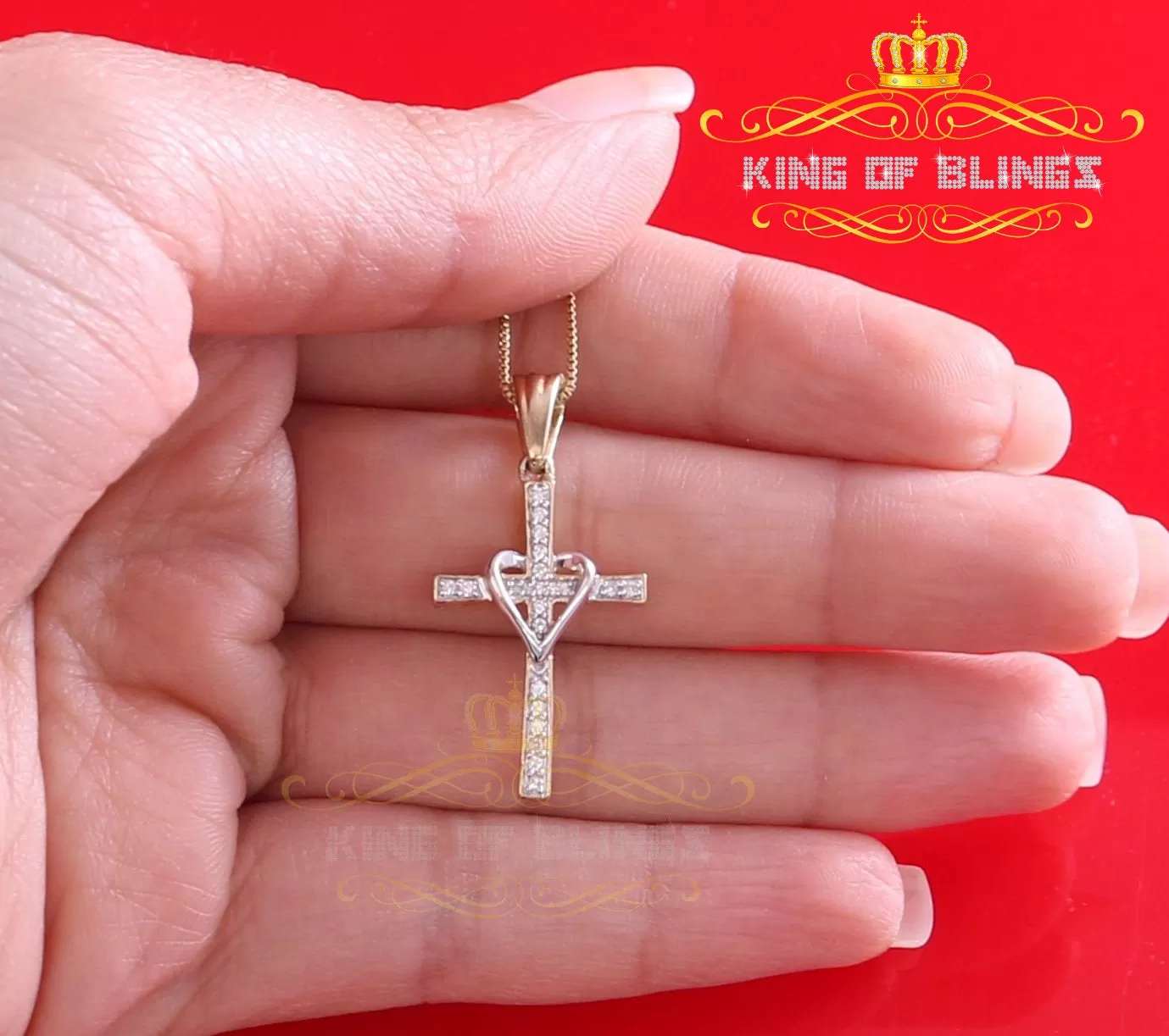 King Of Bling's King Of Bling's Yellow 925 Silver Cross and Heart Pendant with 0.22ct Cubic Zirconia