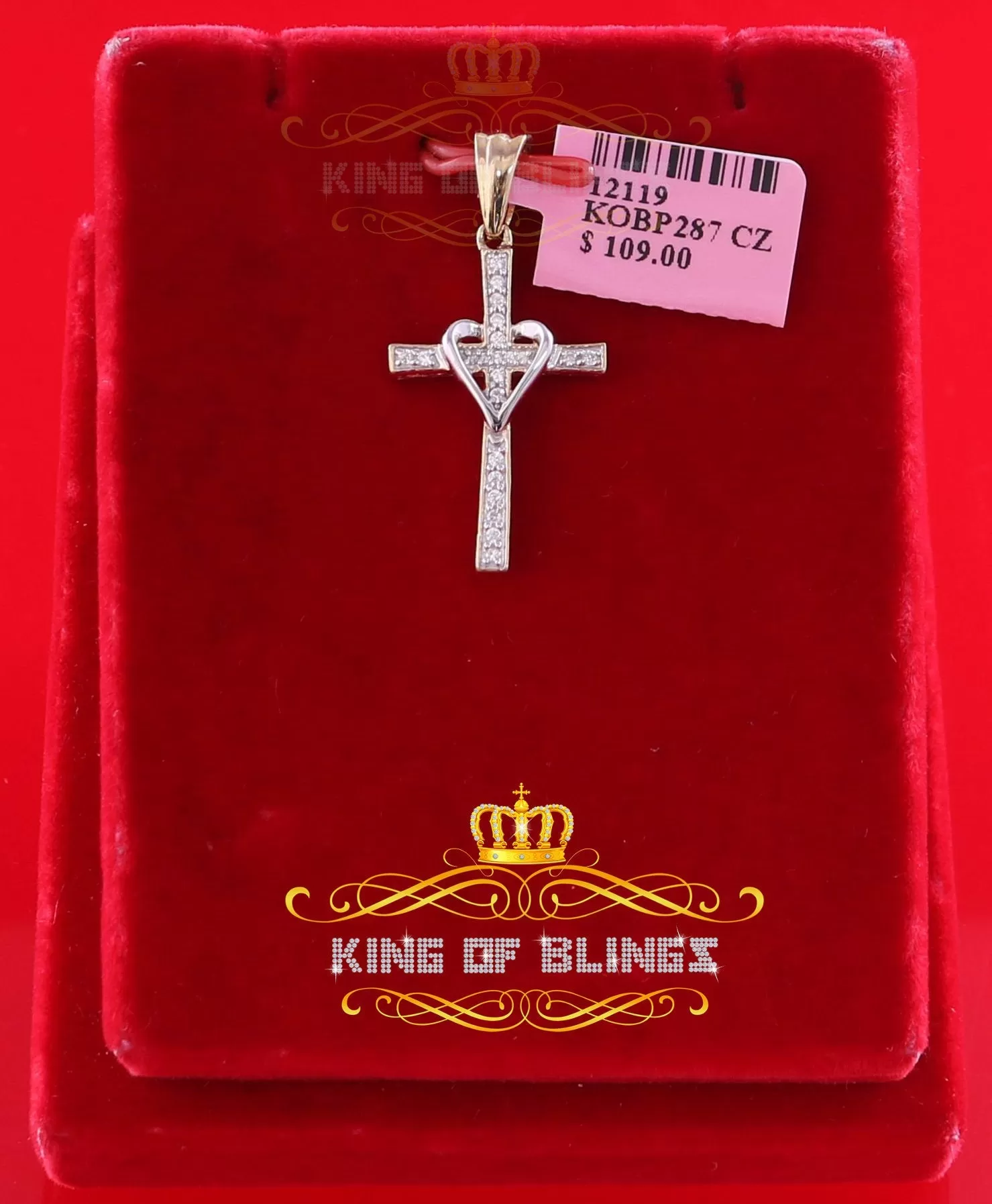 King Of Bling's King Of Bling's Yellow 925 Silver Cross and Heart Pendant with 0.22ct Cubic Zirconia