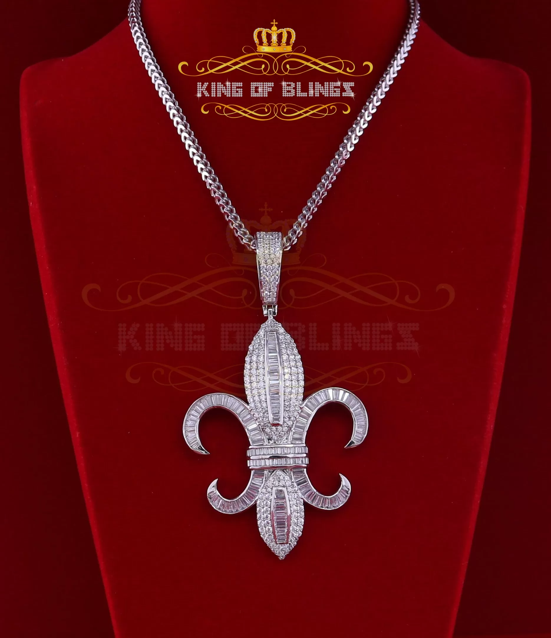 King Of Bling's White Sterling Silver Fleur de Lis wise Shape Pendant with15.62ct Cubic Zirconia