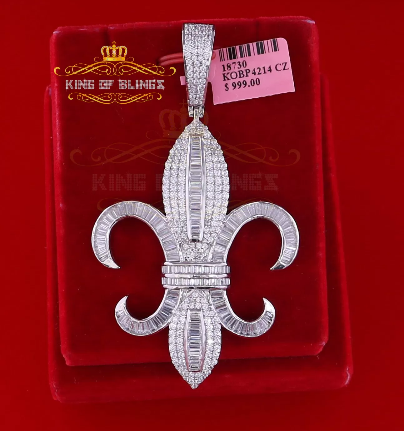 King Of Bling's White Sterling Silver Fleur de Lis wise Shape Pendant with15.62ct Cubic Zirconia