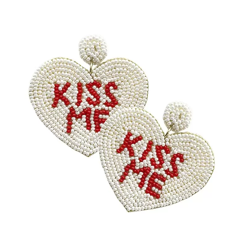 Kiss Me Message Felt Back Seed Beaded Heart Dangle Earrings