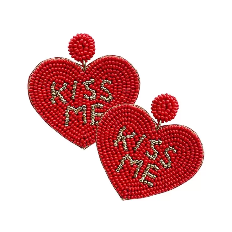 Kiss Me Message Felt Back Seed Beaded Heart Dangle Earrings