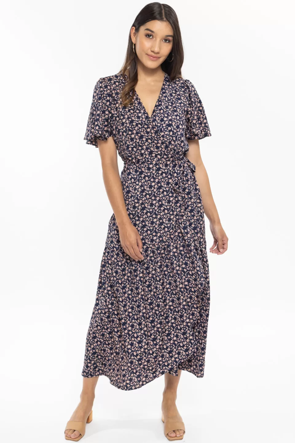 Leah SS Navy Trelice Wrap Midi Dress