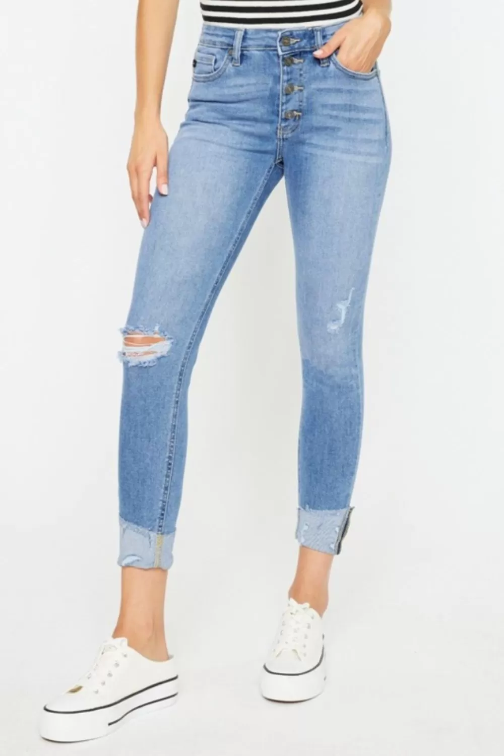 Light Blue Distressed Cat's Whiskers Button Fly Jeans