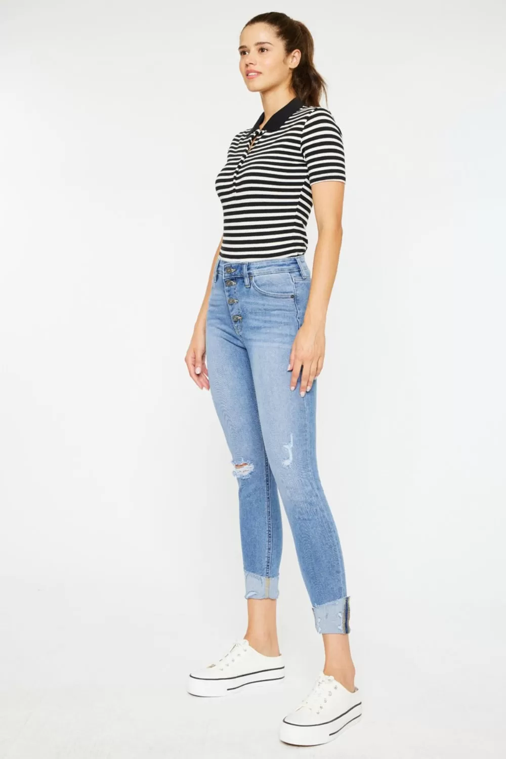 Light Blue Distressed Cat's Whiskers Button Fly Jeans