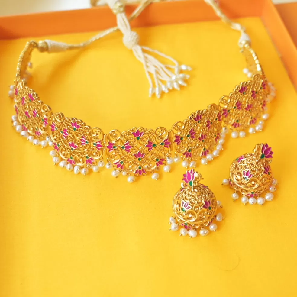 Lotus Story Choker Necklace and Jhumkas Set