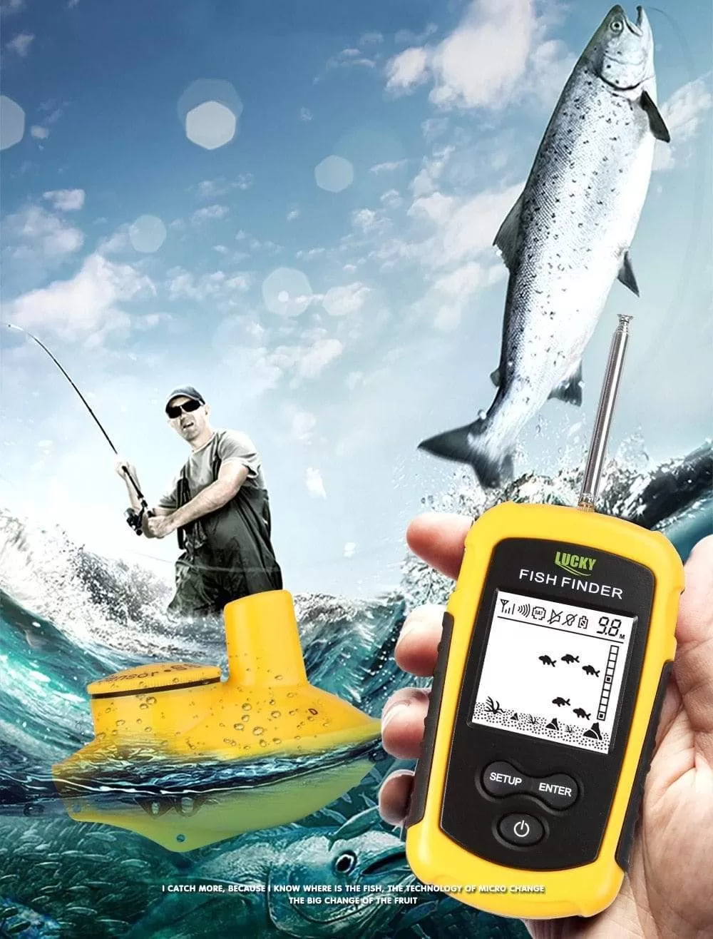 LUCKY FF1108-1 Portable Fish Finder Ice Fishing Sonar Sounder Alarm Transducer Fishfinder 0.7-100m Fishing Echo Sounder