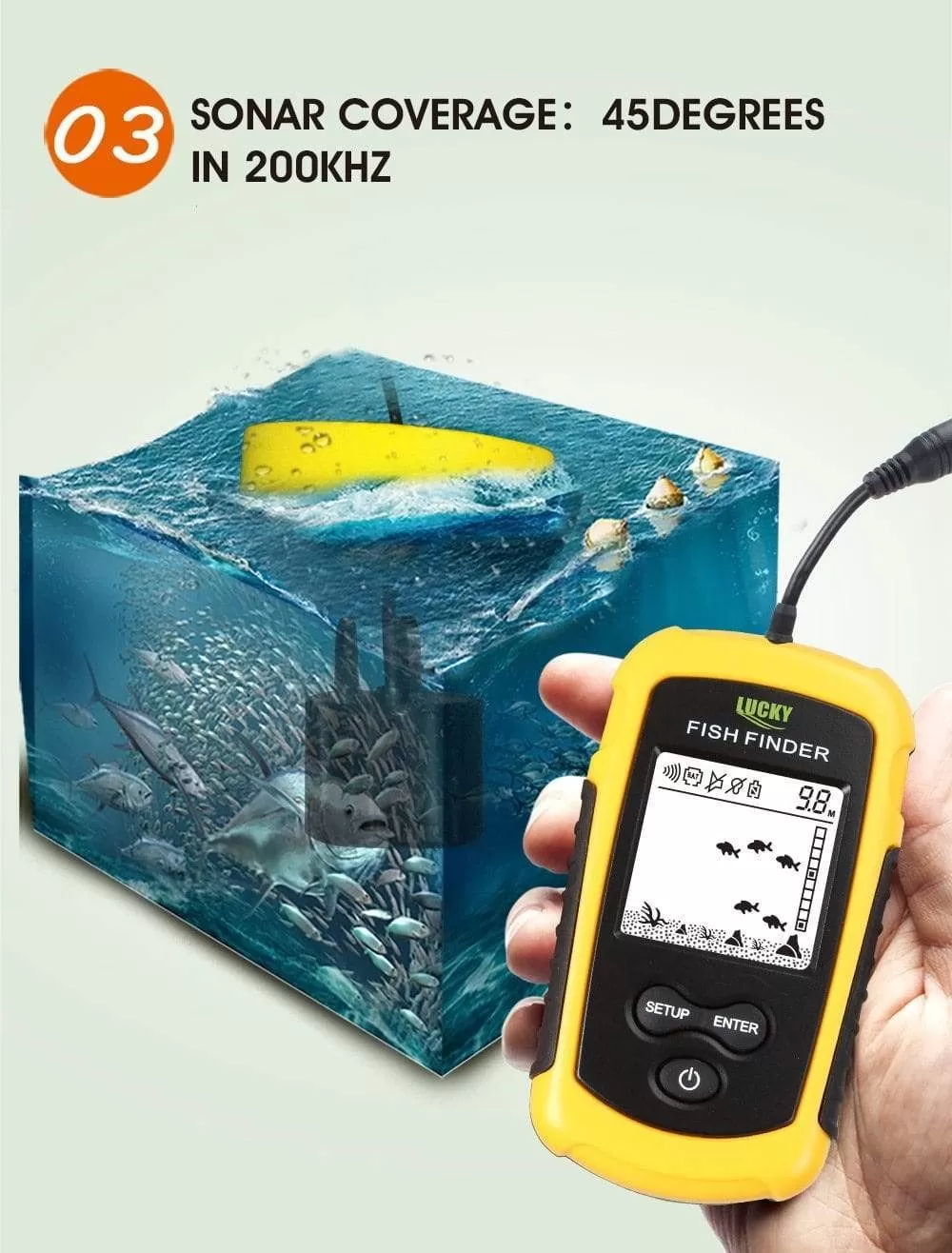 LUCKY FF1108-1 Portable Fish Finder Ice Fishing Sonar Sounder Alarm Transducer Fishfinder 0.7-100m Fishing Echo Sounder