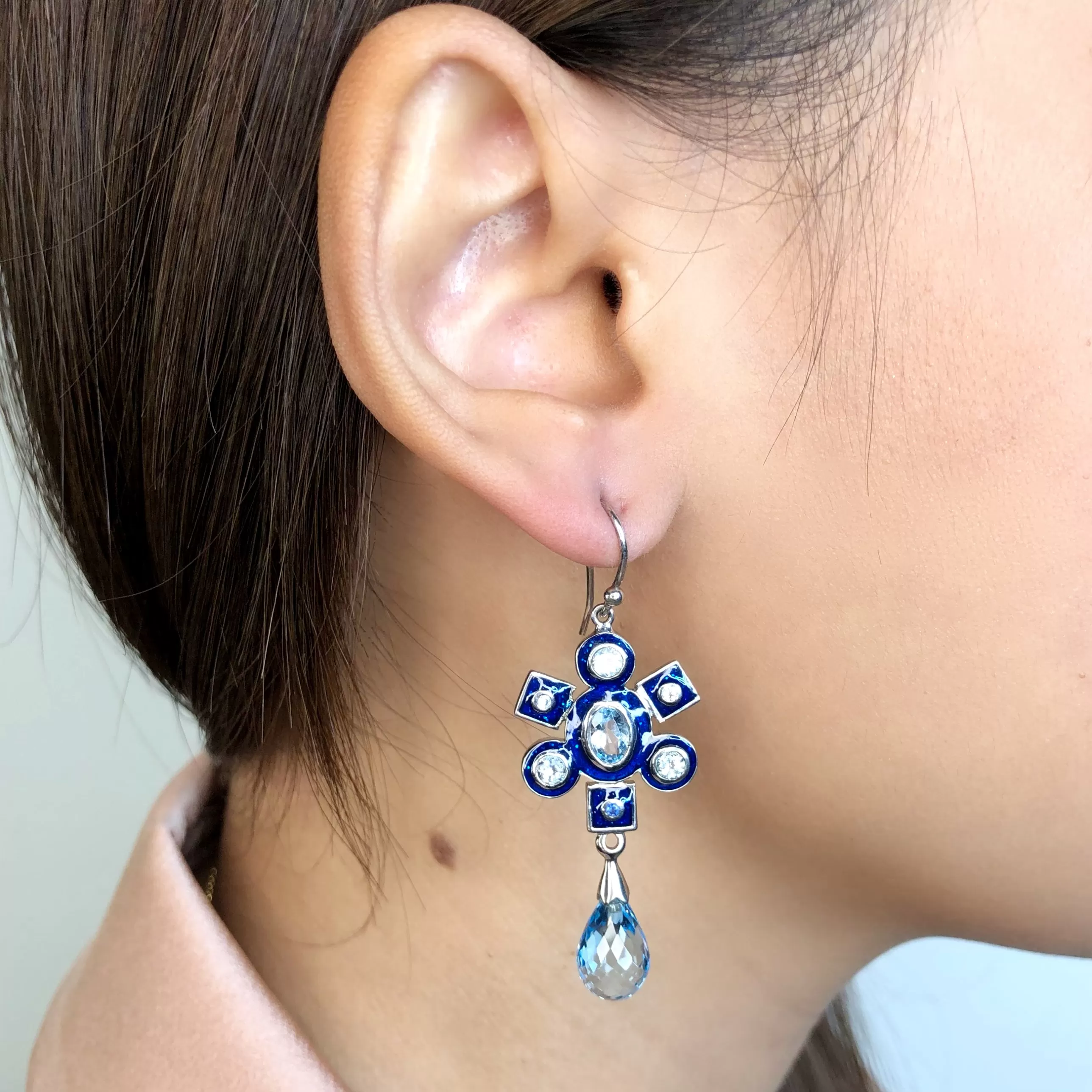 MCL Design Sterling Silver Statement Earrings with Dark Blue Glitter Enamel, White Topaz & Blue Topaz Drops