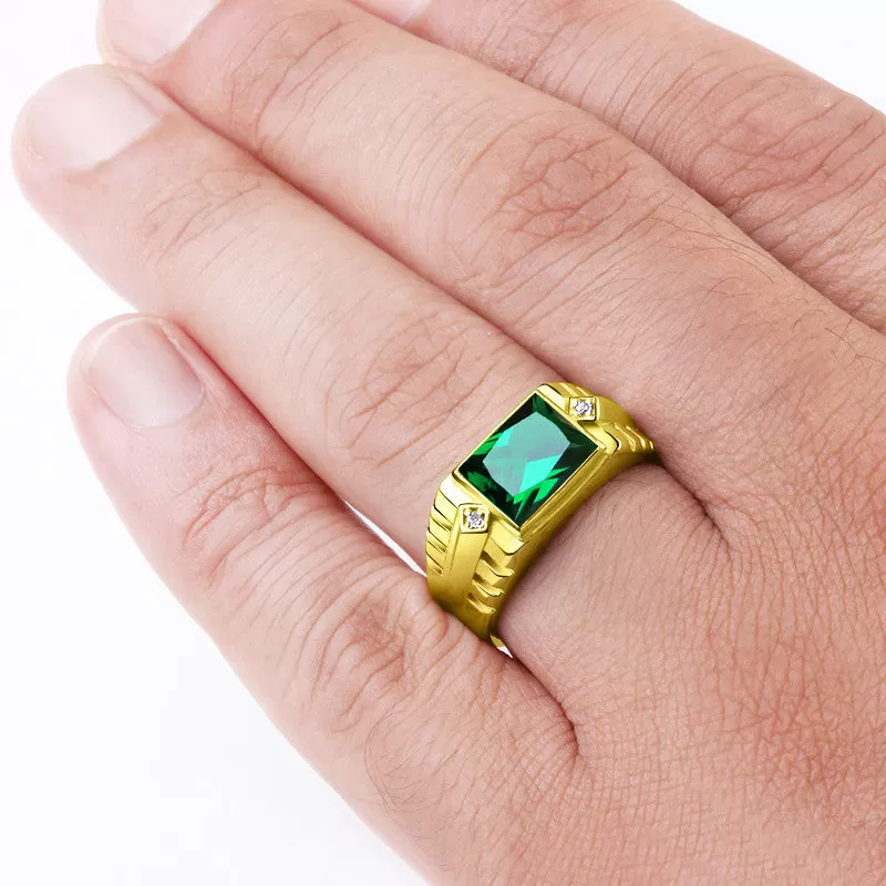 Men's Emerald Ring with Natural Diamonds in 14k Yellow Gold, Men's Statement Ring