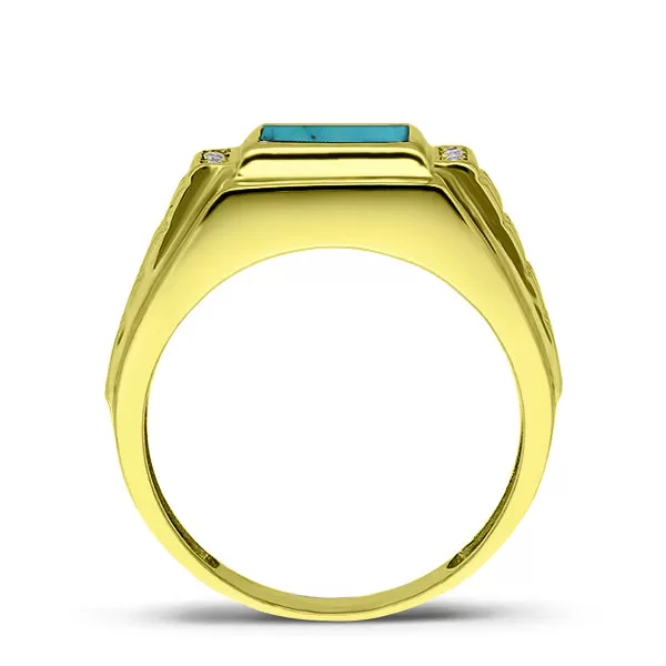 Mens Heavy 14K Gold Engagement Ring 0.08ct Natural 4 Diamonds and Blue Turquoise Stone