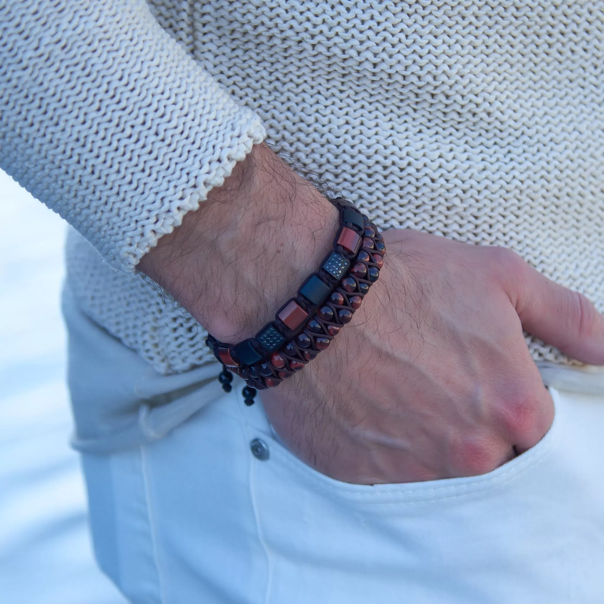 Men's RED TIGER EYE Double Bead Bracelet - One Size Fits All