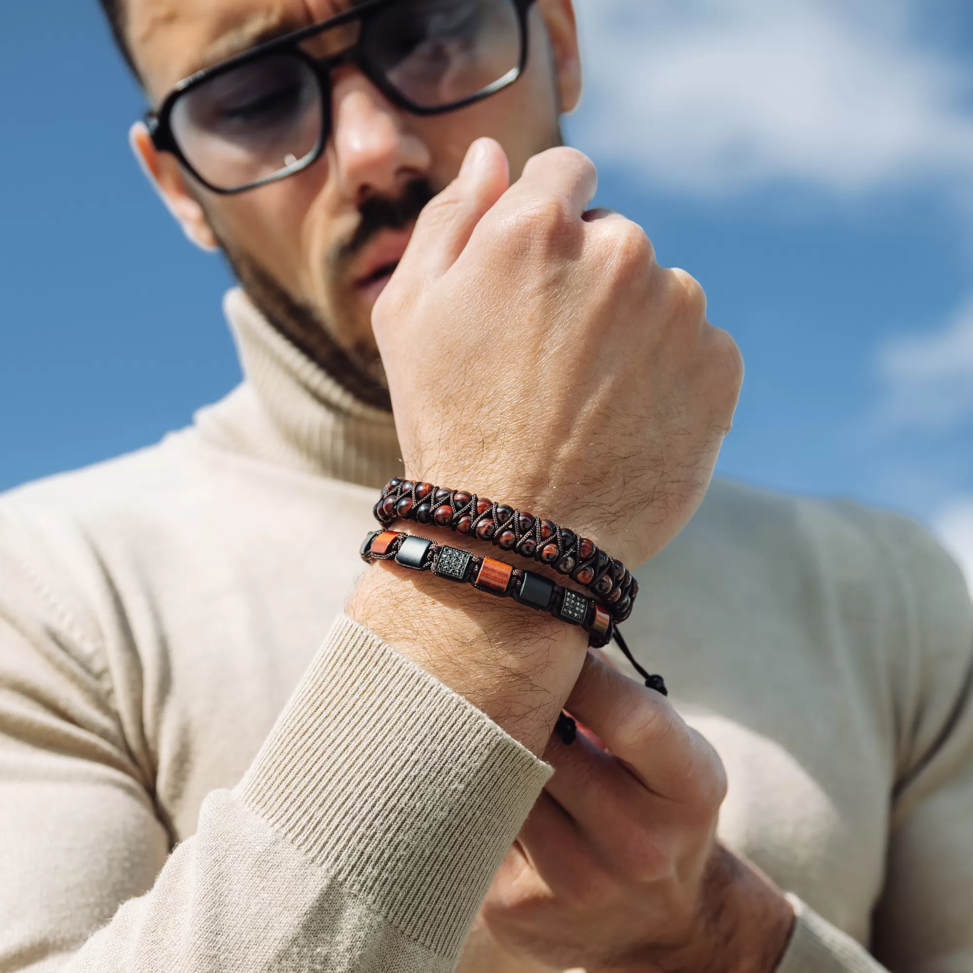 Men's RED TIGER EYE Double Bead Bracelet - One Size Fits All