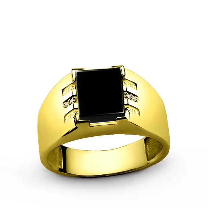 Mens Ring 10k Fine Solid Gold Engagement Ring with Black Onyx and 4 DIAMOND Accents in All Sizes