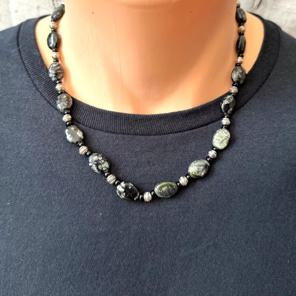 Mens Snowflake Obsidian Oval Beaded Necklace