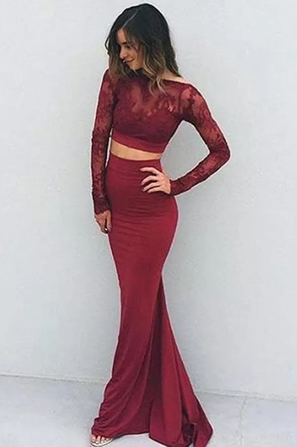 Mermaid Long Sleeve Two Pieces Prom Dresses Burgundy Backless Evening Dresses