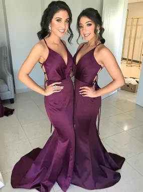 Mermaid V-Neck Sweep Train Grape Satin Bridesmaid Dress