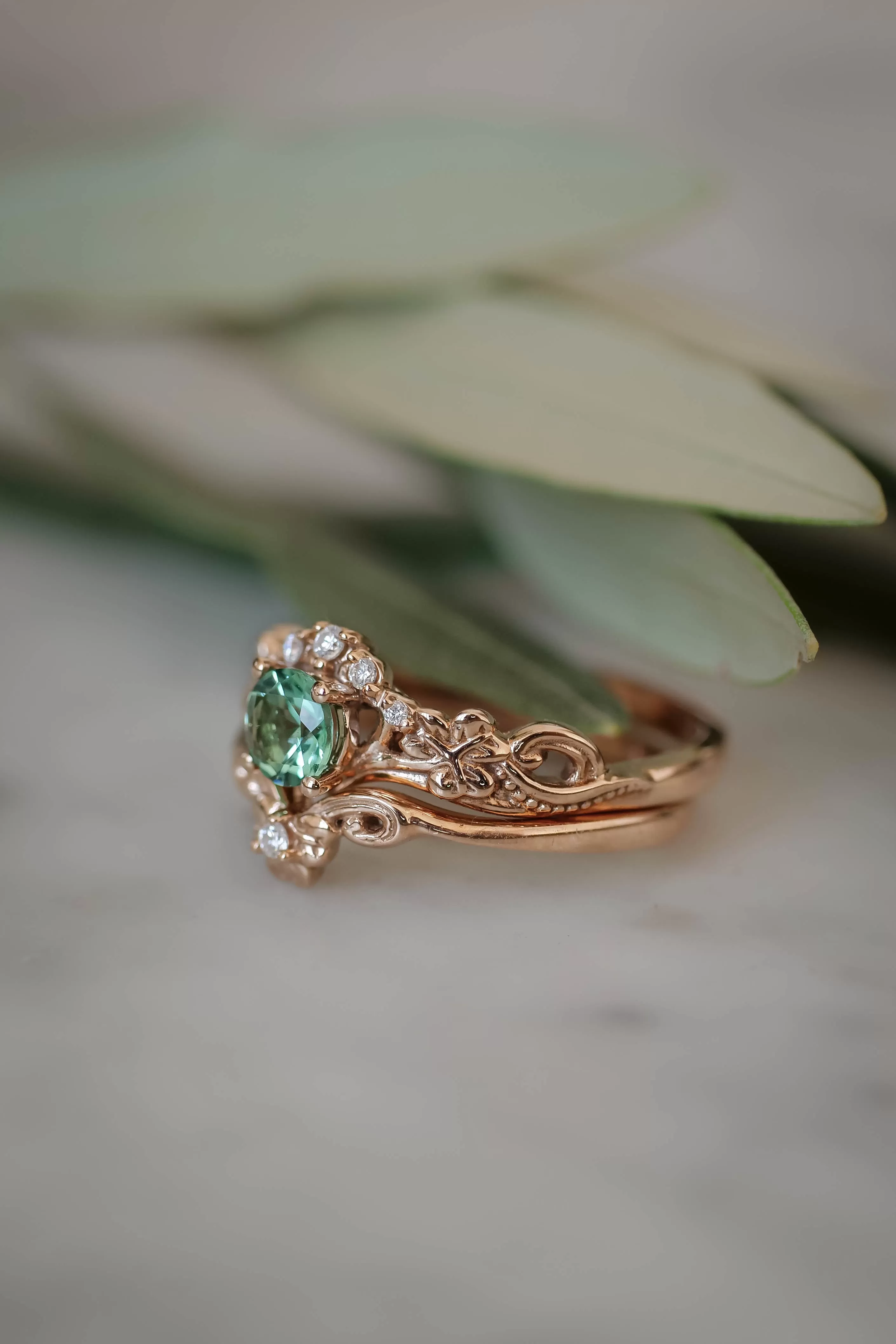 Mint green tourmaline bridal ring set with diamonds / Horta