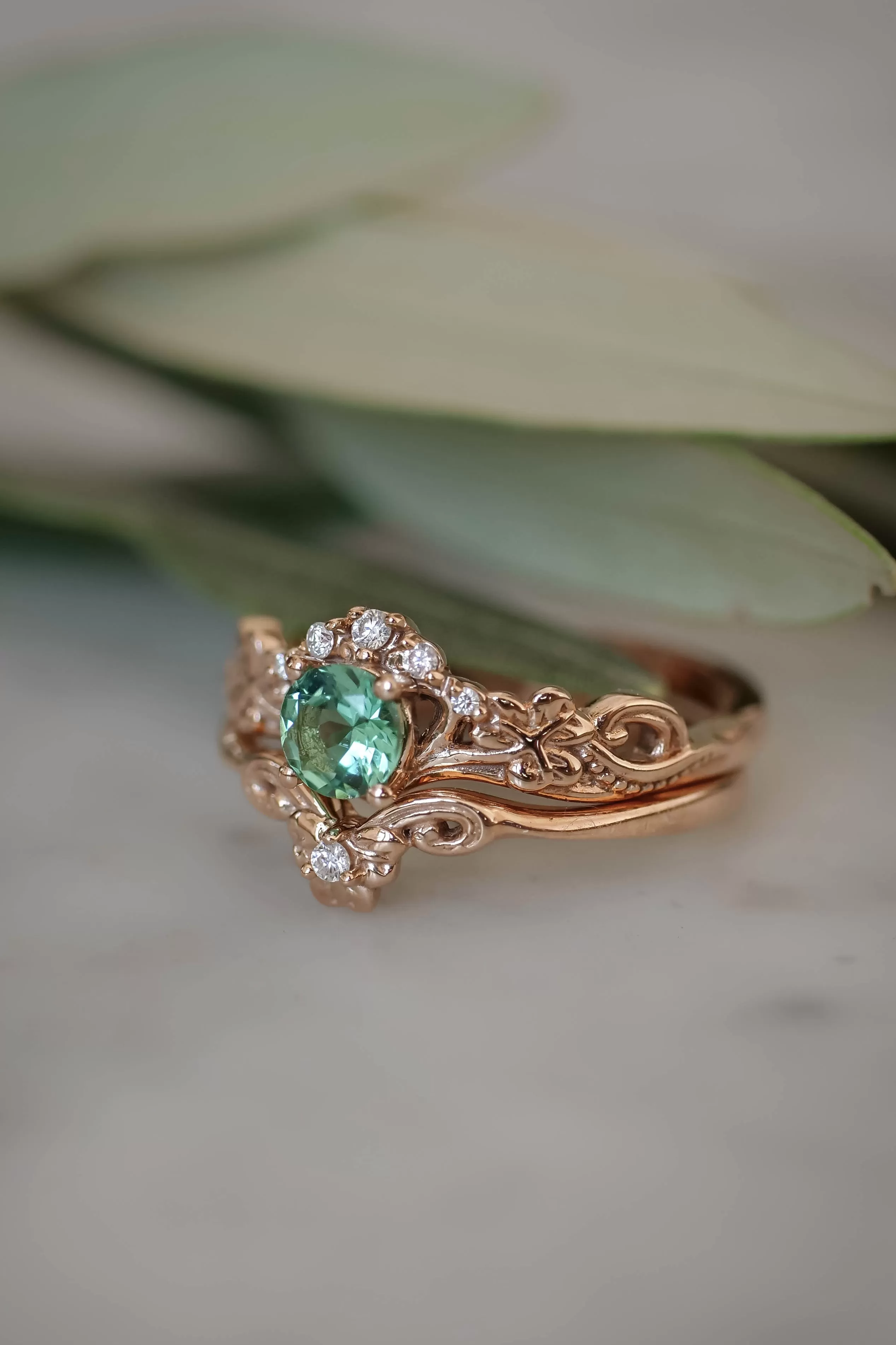 Mint green tourmaline bridal ring set with diamonds / Horta