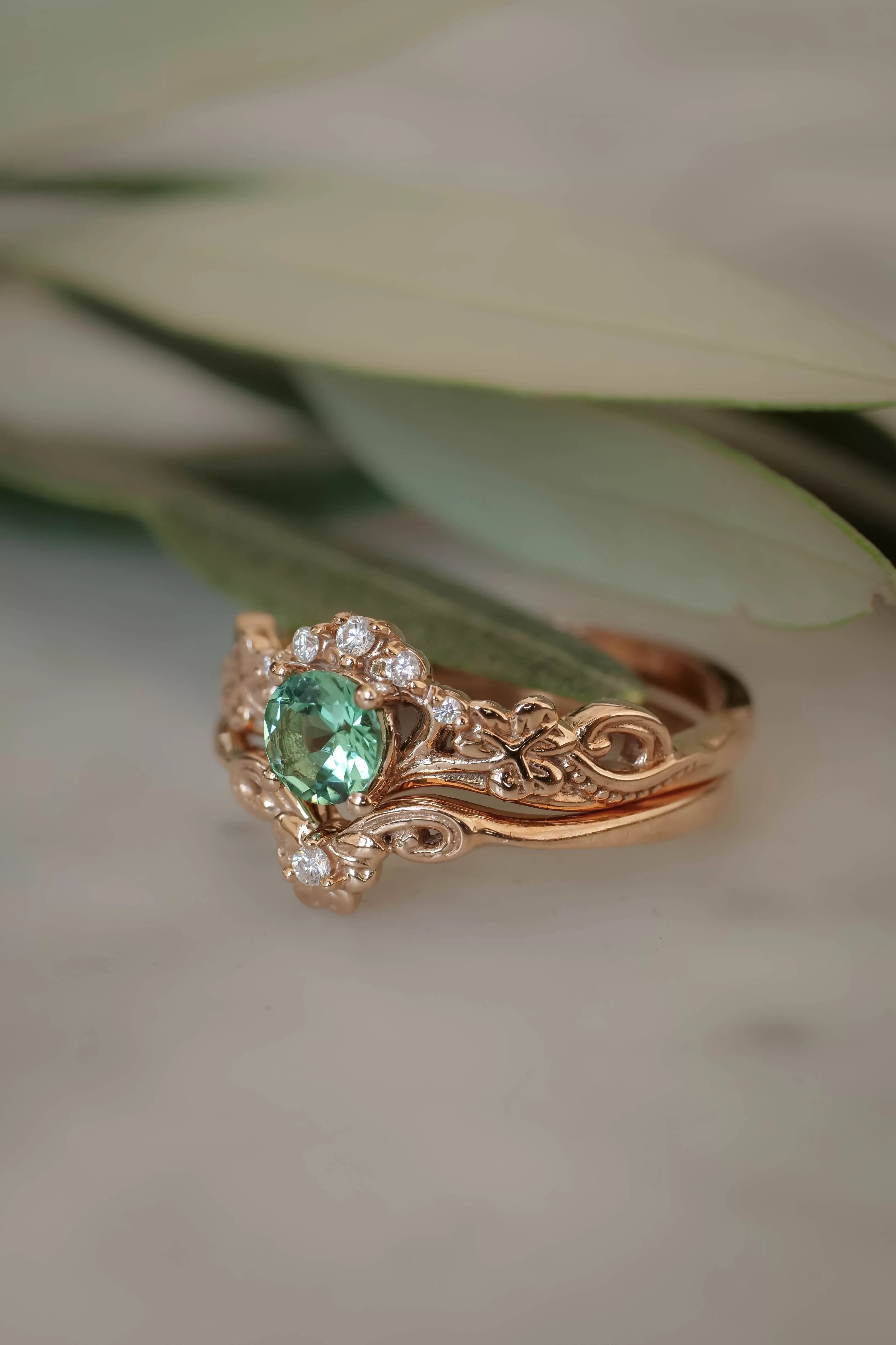 Mint green tourmaline bridal ring set with diamonds / Horta