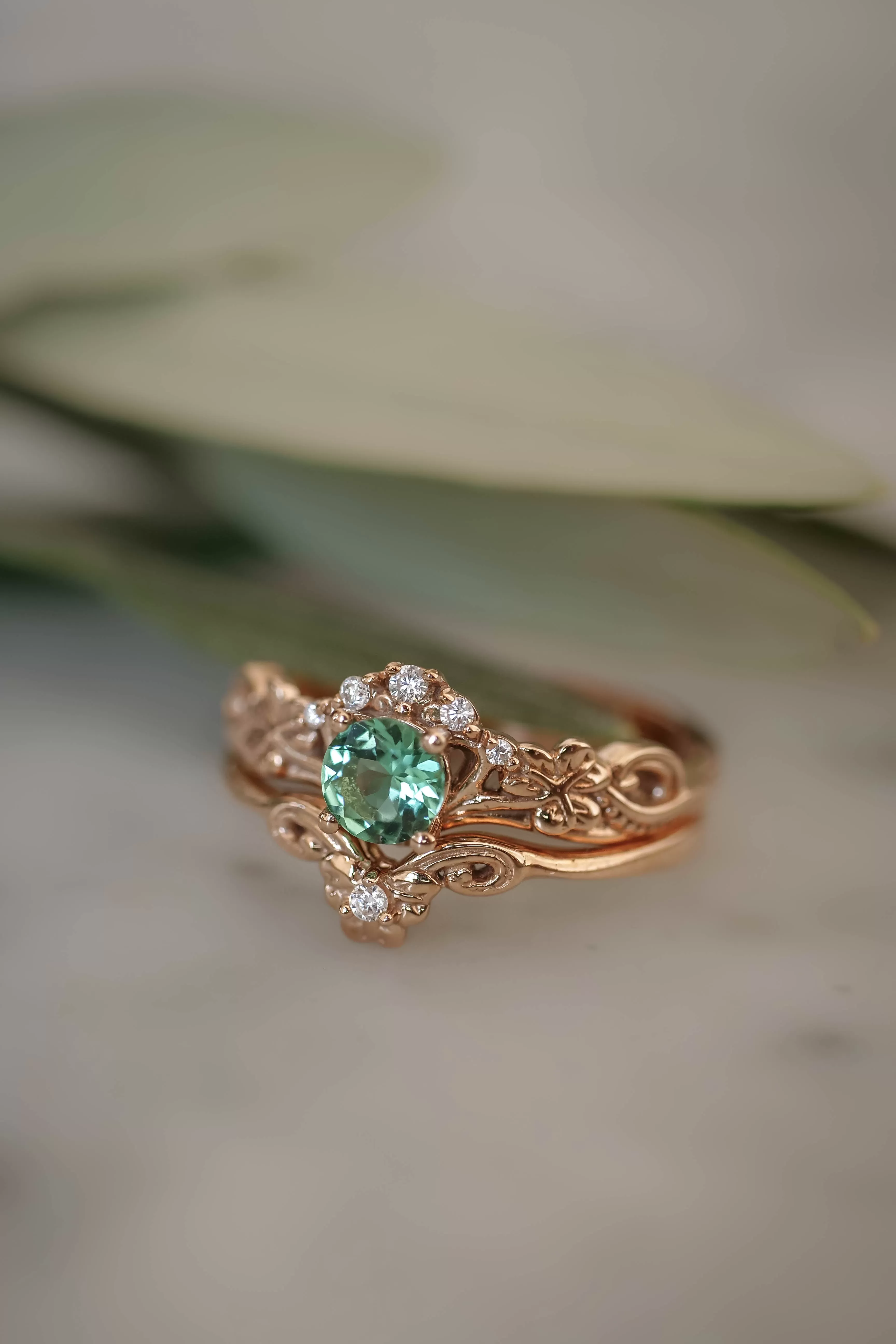 Mint green tourmaline bridal ring set with diamonds / Horta