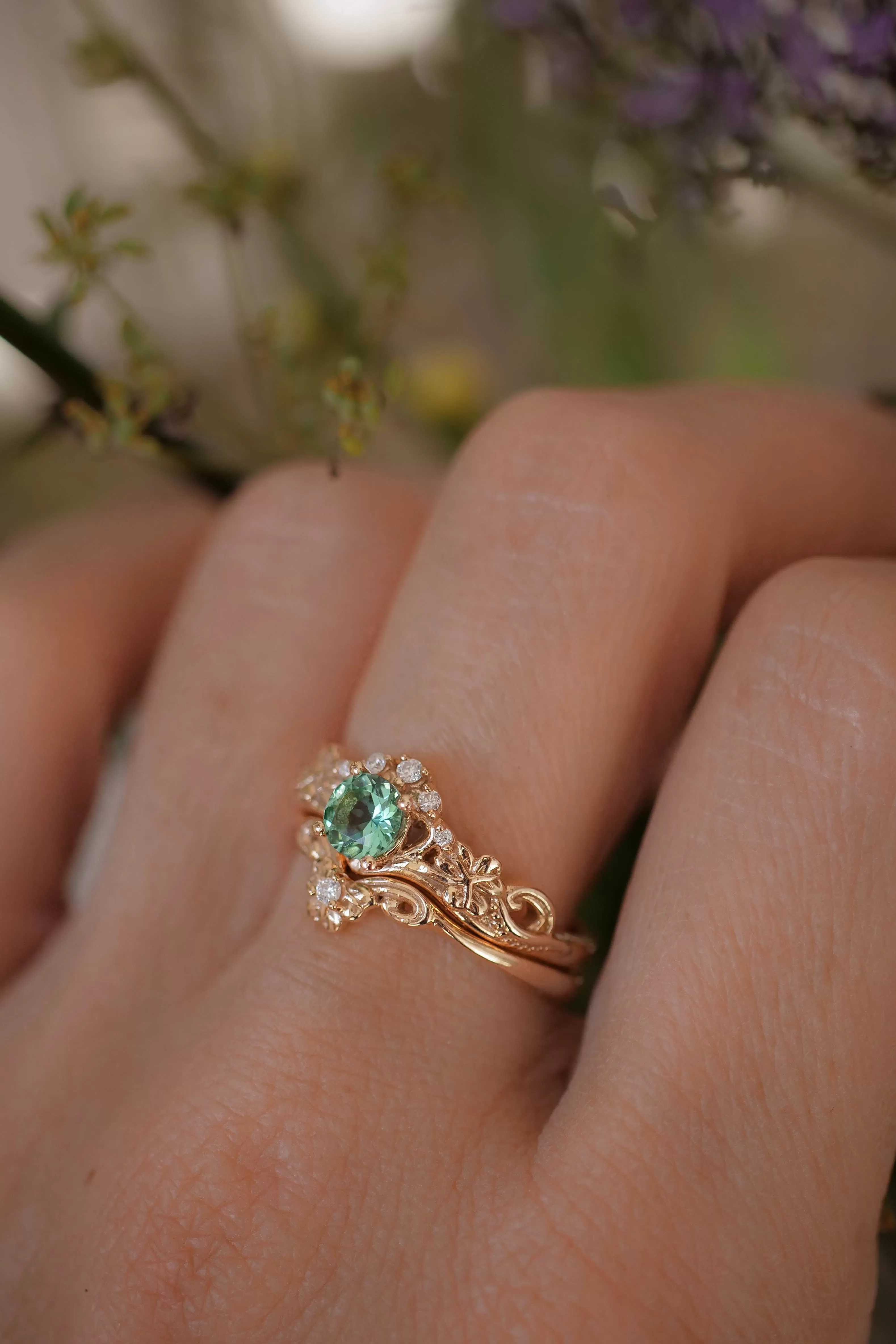 Mint green tourmaline bridal ring set with diamonds / Horta