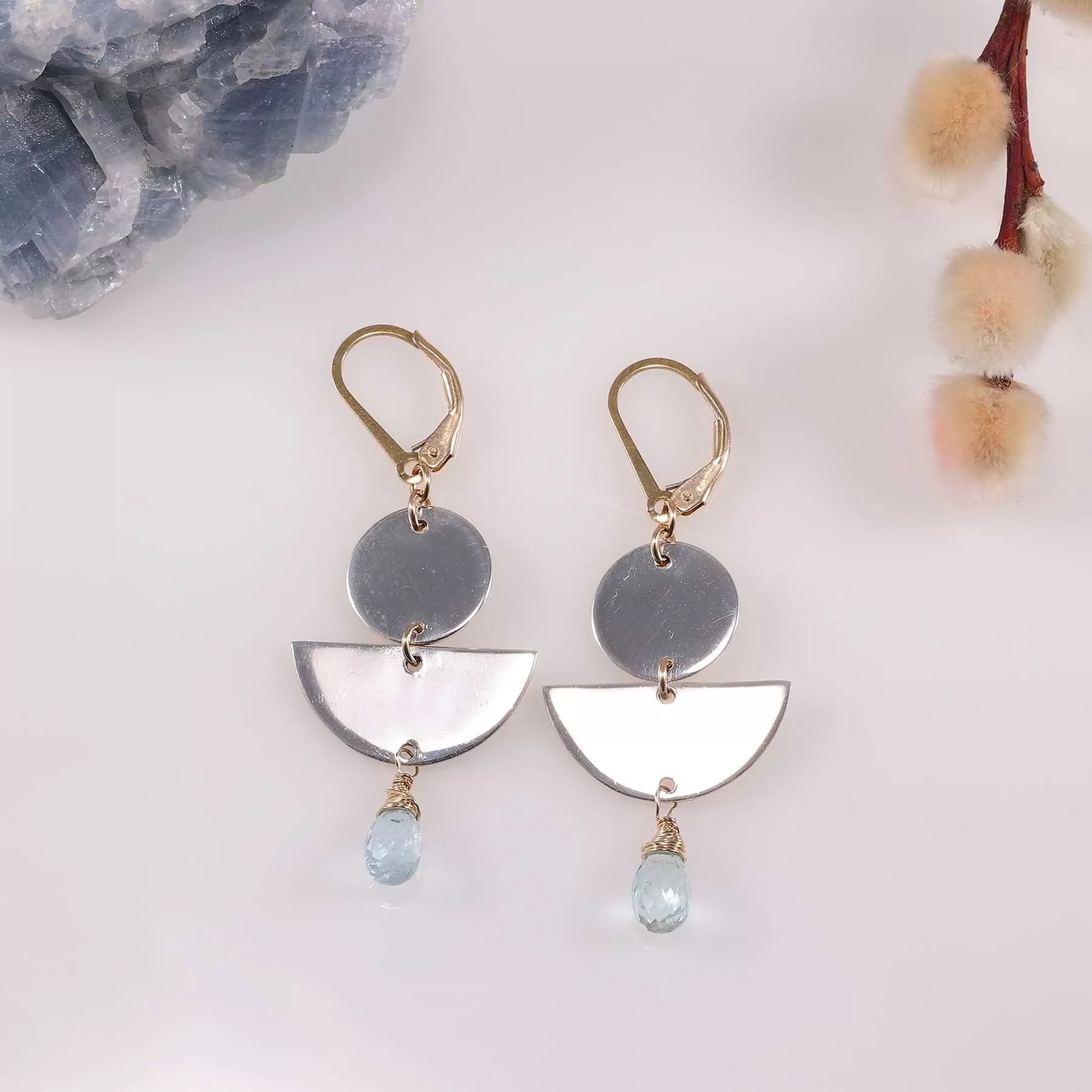 Modern Art - Silver Circular Shapes Aquamarine Earrings